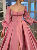 A-Line/Princess Long Sleeves Square Ruffles Satin Floor-Length Dresses TPP0001424