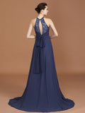 A-Line/Princess Scoop Sleeveless Sweep Train Chiffon Lace Bridesmaid Dress TPP0005607