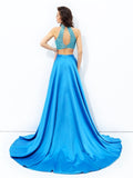 A-line/Princess High Neck Beading Sleeveless Long Satin Two Piece Dresses TPP0002851