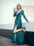 A-Line/Princess Long Sleeves Ruffles Satin Chiffon V-neck Floor-Length Dresses TPP0009083