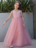 A-Line/Princess Tulle Bowknot V-neck Sleeveless Floor-Length Flower Girl Dresses TPP0007496