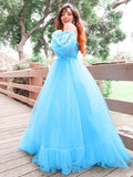 A-Line/Princess Off-the-Shoulder Tulle Applique Long Sleeves Floor-Length Dresses TPP0001492