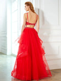 A-Line/Princess Spaghetti Straps Sleeveless Floor-Length Beading Tulle Two Piece Dresses TPP0003458