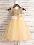 A-Line/Princess Tulle Hand-Made Flower Scoop Sleeveless Tea-Length Flower Girl Dresses TPP0007529