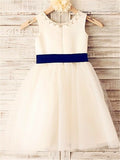 A-line/Princess Scoop Sleeveless Bowknot Tea-Length Tulle Flower Girl Dresses TPP0007624