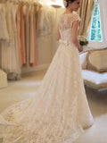 A-Line/Princess Sash/Ribbon/Belt Short Sleeves Square Court Train Applique Lace Wedding Dresses TPP0006475