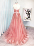 A-Line/Princess Sleeveless Tulle Halter Applique Sweep/Brush Train Dresses TPP0001509