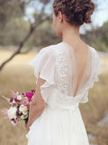 A-Line/Princess Chiffon V-neck Ruched Short Sleeves Floor-Length Wedding Dresses TPP0006035