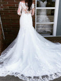 Trumpet/Mermaid Tulle Applique Off-the-Shoulder Long Sleeves Cathedral Train Wedding Dresses TPP0006634