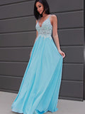 A-Line/Princess Chiffon Applique Sleeveless V-neck Sweep/Brush Train Dresses TPP0003686