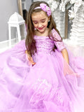 Ball Gown Tulle Lace Off-the-Shoulder 1/2 Sleeves Sweep/Brush Train Flower Girl Dresses TPP0007476