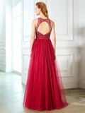 A-Line/Princess Scoop Sleeveless Floor-Length Beading Tulle Dresses TPP0002908