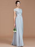 A-Line/Princess Jewel Short Sleeves Lace Floor-Length Chiffon Bridesmaid Dresses TPP0005264