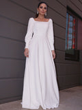 A-Line/Princess Stretch Crepe Ruffles Long Sleeves Square Sweep/Brush Train Wedding Dresses TPP0006452