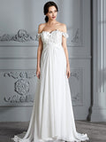 A-Line/Princess Off-the-Shoulder Sleeveless Chiffon Sweep/Brush Train Wedding Dresses TPP0006370