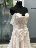 A-Line/Princess Off-the-Shoulder Tulle Applique Sleeveless Sweep/Brush Train Wedding Dresses TPP0005895