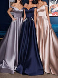 A-Line/Princess Satin Off-the-Shoulder Ruffles Sleeveless Sweep/Brush Train Dresses TPP0003423