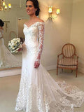 Trumpet/Mermaid Off-the-Shoulder Court Train Long Sleeves Applique Lace Wedding Dresses TPP0006139