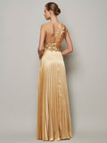 A-Line/Princess One-Shoulder Sleeveless Hand-Made Flower Long Elastic Woven Satin Dresses TPP0002421