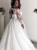 A-Line/Princess Off-the-Shoulder Long Sleeves Sweep/Brush Train Lace Tulle Wedding Dresses TPP0005965