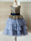 A-Line/Princess Tea-Length Scoop Sequin Sleeveless Tulle Flower Girl Dresses TPP0007921