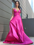 A-Line/Princess Silk like Satin Ruffles V-neck Sleeveless Sweep/Brush Train Dresses TPP0001663