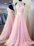 A-Line/Princess Sleeveless Halter Tulle Lace Sweep/Brush Train Dresses TPP0002260