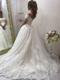 A-Line/Princess Off-the-Shoulder Sleeveless Sweep/Brush Train Applique Tulle Wedding Dresses TPP0006294