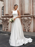 A-Line/Princess Satin Sleeveless Scoop Ruffles Sweep/Brush Train Wedding Dresses TPP0006672