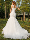 Trumpet/Mermaid Tulle Applique Sweetheart Sleeveless Sweep/Brush Train Wedding Dresses TPP0006506