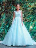 A-Line/Princess Scoop Sleeveless Tulle Applique Sweep/Brush Train Dresses TPP0001530