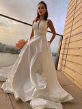 A-Line/Princess Satin Ruffles Scoop Sleeveless Sweep/Brush Train Wedding Dresses TPP0006204