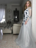 A-Line/Princess Long Sleeves Applique Tulle V-neck Floor-Length Dresses TPP0009087