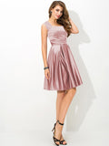 A-Line/Princess Straps Pleats Sleeveless Short Satin Bridesmaid Dresses TPP0005382