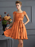 A-Line/Princess Scoop Short Sleeves Lace Short Chiffon Bridesmaid Dresses TPP0005086