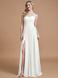 A-Line/Princess Spaghetti Straps Sleeveless Ruched Floor-Length Chiffon Bridesmaid Dresses TPP0005244