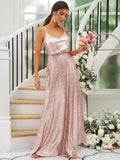 A-Line/Princess Sequins Ruched Straps Sleeveless Floor-Length Bridesmaid Dresses TPP0004943