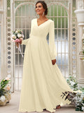 A-Line/Princess Chiffon Ruched V-neck Long Sleeves Floor-Length Bridesmaid Dresses TPP0004950