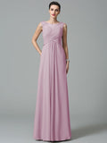 A-Line/Princess Scoop Ruched Sleeveless Long Chiffon Bridesmaid Dresses TPP0005442