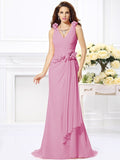 Trumpet/Mermaid V-neck Hand-Made Flower Sleeveless Long Chiffon Bridesmaid Dresses TPP0005122