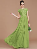 A-Line/Princess Jewel Short Sleeves Lace Floor-Length Chiffon Bridesmaid Dresses TPP0005264