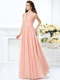 A-Line/Princess Halter Pleats Sleeveless Long Chiffon Bridesmaid Dresses TPP0002801