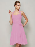 A-Line/Princess Halter Sleeveless Pleats Bowknot Short Chiffon Bridesmaid Dresses TPP0005094