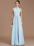 A-Line/Princess Halter Sleeveless Ruched Floor-Length Chiffon Bridesmaid Dresses TPP0005263