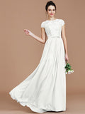 A-Line/Princess Jewel Short Sleeves Lace Floor-Length Chiffon Bridesmaid Dresses TPP0005264