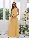 A-Line/Princess Chiffon Applique Square Sleeveless Floor-Length Bridesmaid Dresses TPP0004921