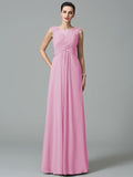 A-Line/Princess Scoop Ruched Sleeveless Long Chiffon Bridesmaid Dresses TPP0005442