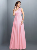 A-Line/Princess One-Shoulder Hand-Made Flower Pleats Sleeveless Long Chiffon Bridesmaid Dresses TPP0005399