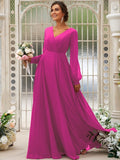 A-Line/Princess Chiffon Ruched V-neck Long Sleeves Floor-Length Bridesmaid Dresses TPP0004950