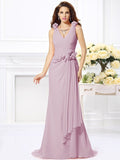 Trumpet/Mermaid V-neck Hand-Made Flower Sleeveless Long Chiffon Bridesmaid Dresses TPP0005122